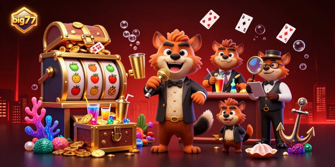Experience the lively comedy casino club scene of big777 with hyenas enjoying a night full of laughter and gaming.