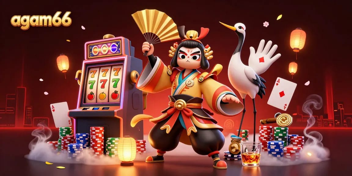 Spin and win at agam66 with a vibrant slot machine scene featuring a kabuki warrior and a kitsune companion.