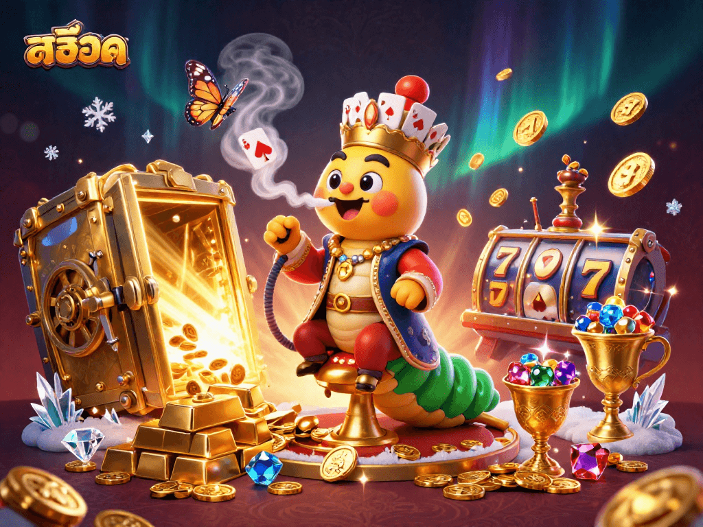 Spin the reels of สล็อต with a whimsical caterpillar master in a glamorous casino scene.