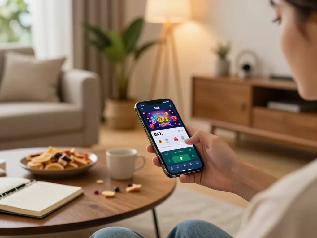 Tải app 8xx on a smartphone in a cozy living room, showcasing user-friendly casino gaming experience.