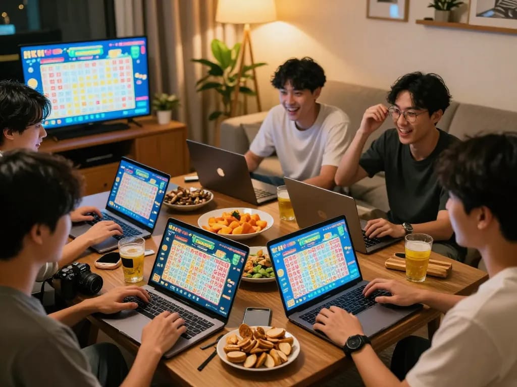 Friends enjoying a thrilling HK lottery game night with laptops and snacks.