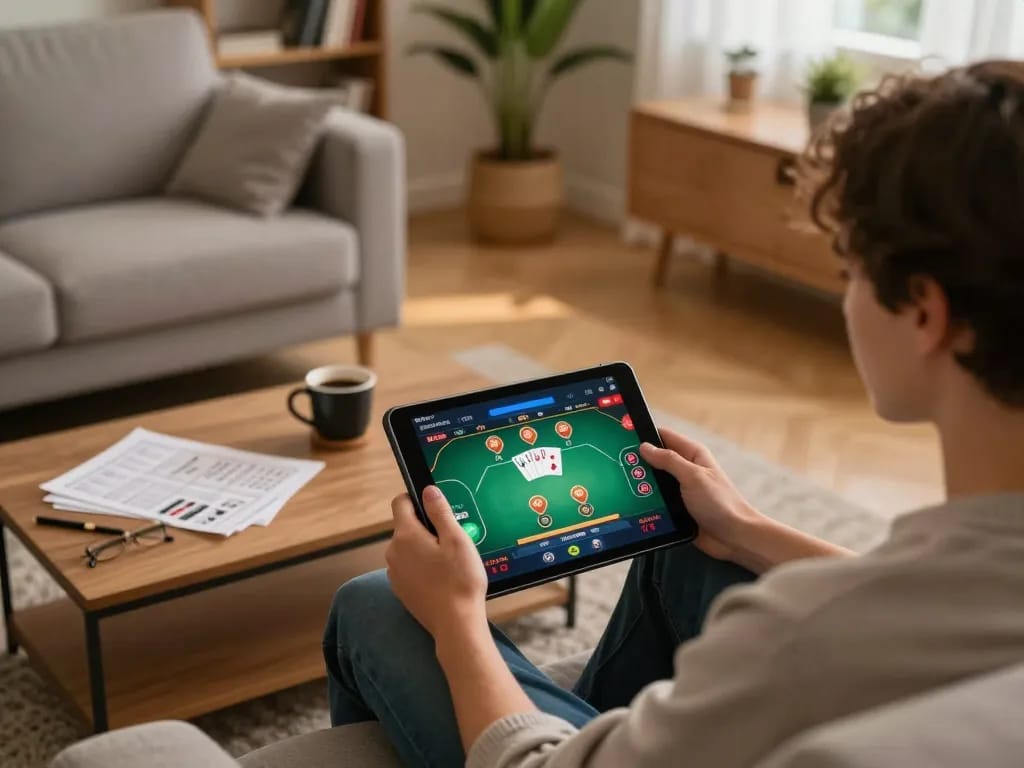 Engaged player using sites not on gamstop for online poker gaming at home with tablet and strategy notes.