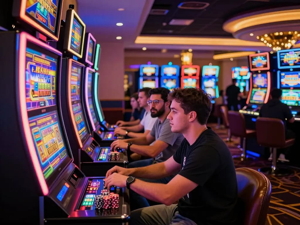 Players enjoying slot gacor hari ini at vibrant casino, colorful machines reflecting excitement.