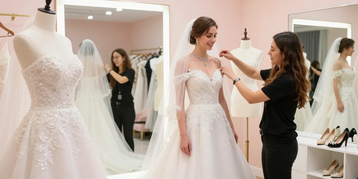 Consulenza di bridal styling per la sposa che prova un abito elegante, gioielli e accessori in un ambiente luminoso.