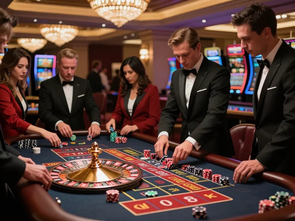 Fabet players engaging strategically in an exciting roulette game at an upscale casino