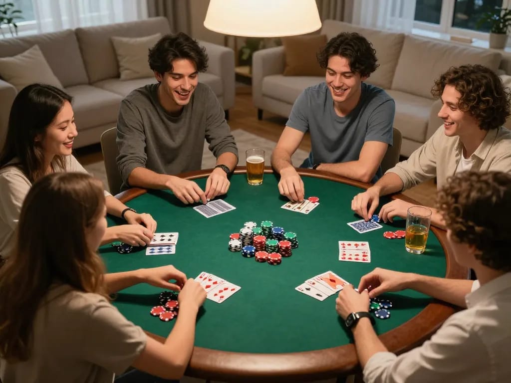 Enjoying a dynamic poker game at home, showcasing the strategy involved in slot gacor 777.