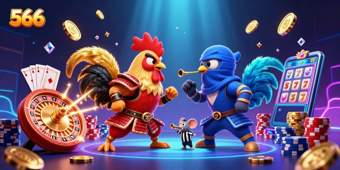 Engage in the thrilling 566 casino duel with samurai and ninja roosters surrounded by gold!