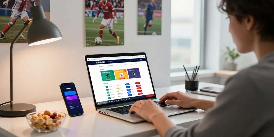 Engaging user with rokok88 link alternatif on a modern sportsbook platform, vibrant betting odds displayed.