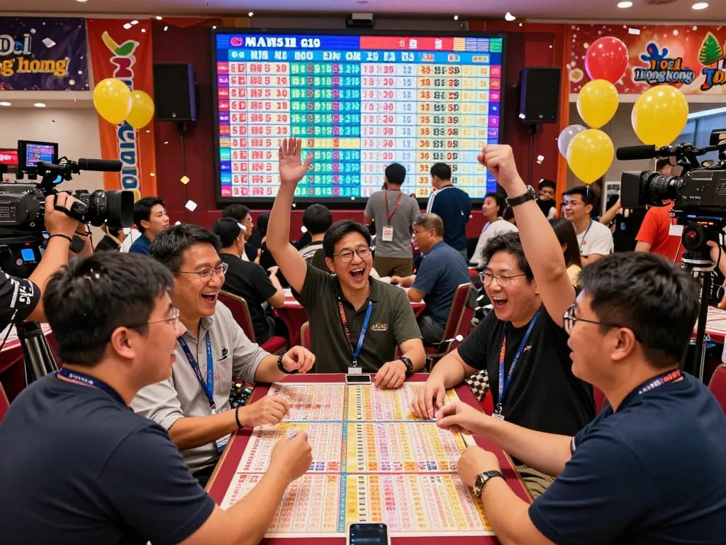 Excited players celebrating HK lottery results in a vibrant gaming environment.