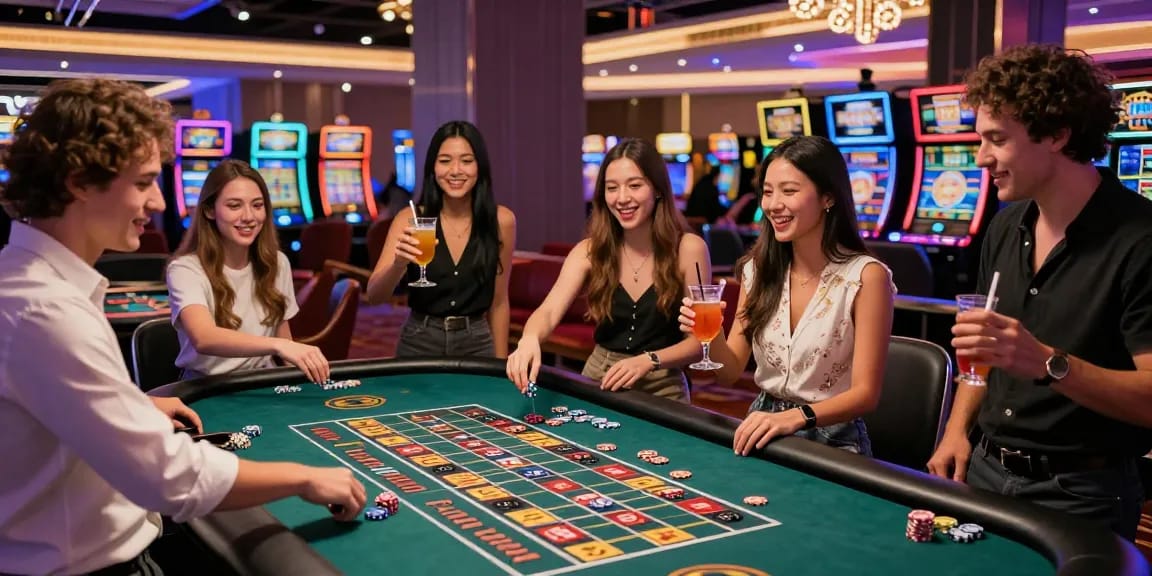 Celebrating friends enjoying rokok88 at a lively casino table.