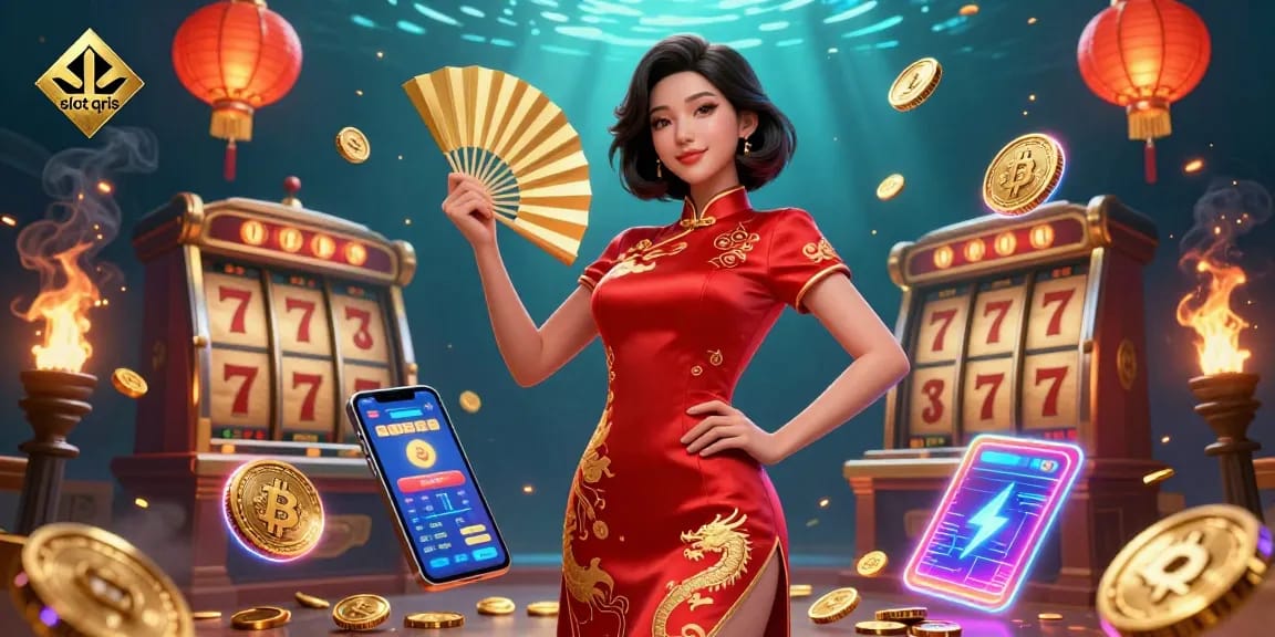 Experience the thrills of slot qris with a dynamic scene featuring radiant characters, slot elements, and vibrant decorations.