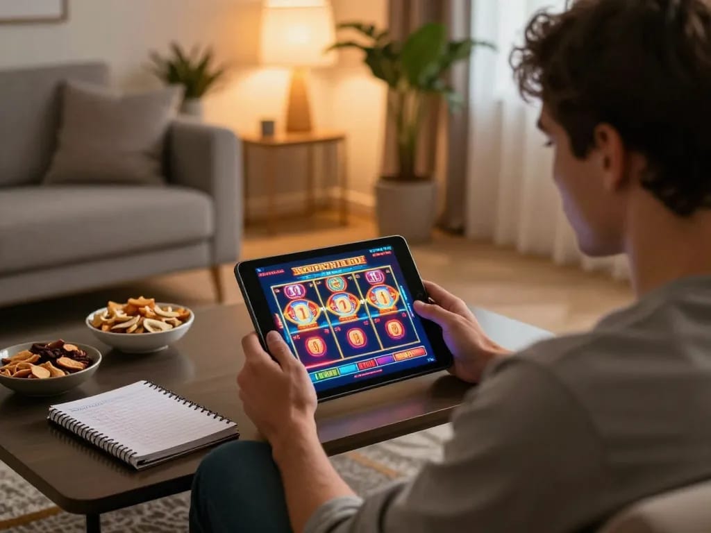 Enjoying online casinos Canada on a tablet in a cozy living room, showcasing strategic gaming atmosphere.