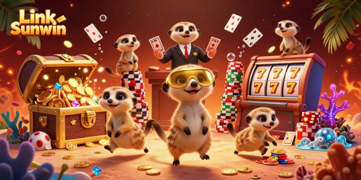 Play exciting slots with Link Sunwin, featuring meerkats in a dynamic casino scene overflowing with coins.