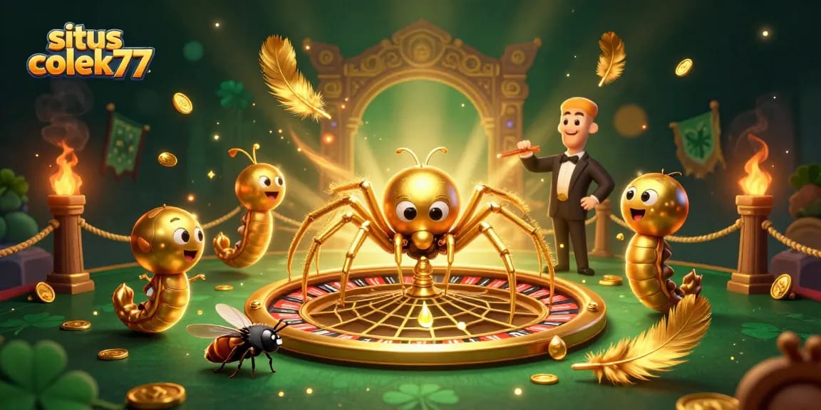 Experience thrilling gameplay at situs colek77 with engaging visuals of a golden spider and roulette.