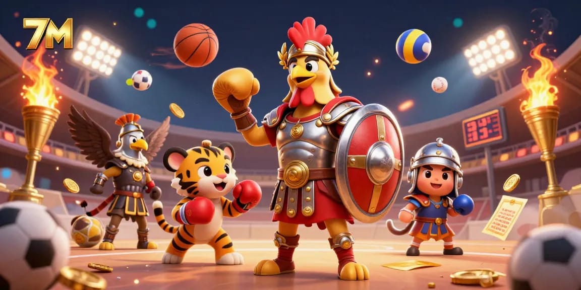 Bettors celebrate dynamic wins with engaging 7M sports betting action in vibrant illustration.