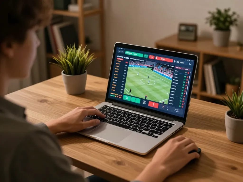 Person placing bets on kim99 com during live sports event from home office.