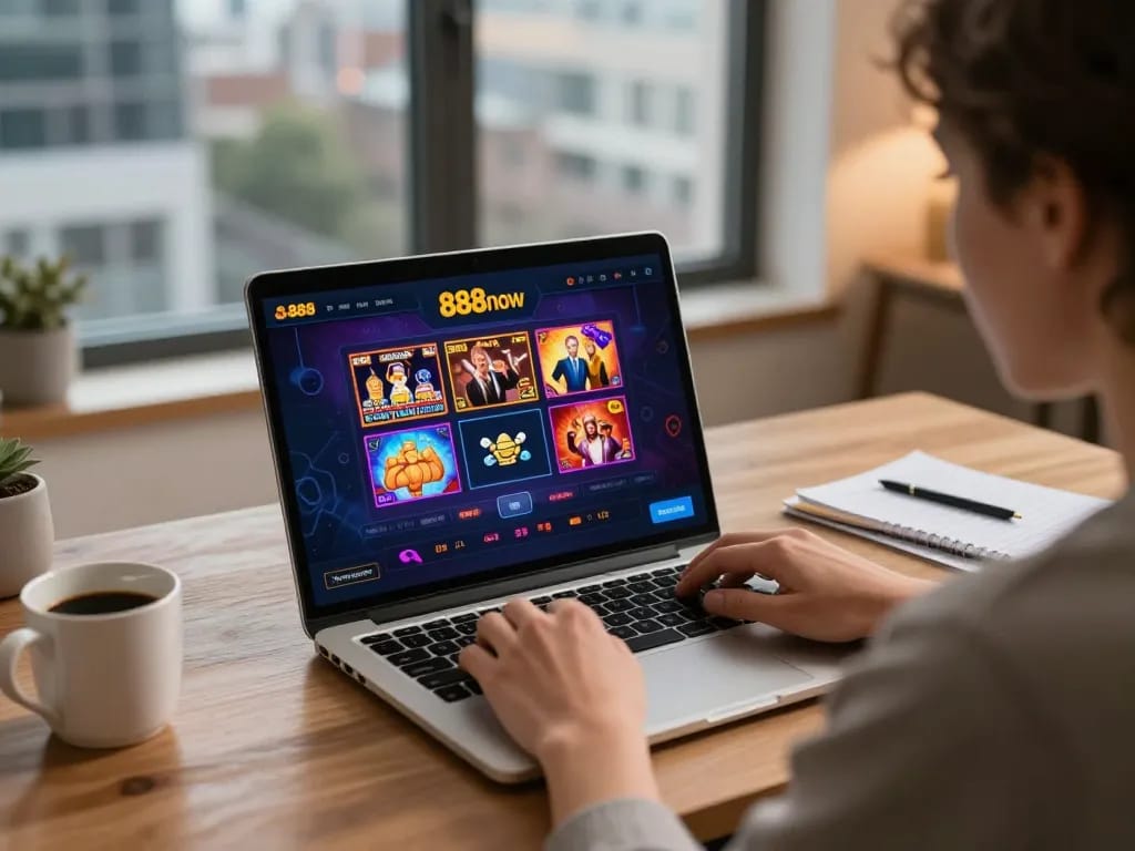 Engaging with 888now for online gaming strategies in a cozy home setup.