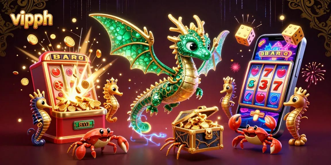 Experience immersive gaming at VIPPH with a vibrant sea dragon in a treasure-filled casino scene.