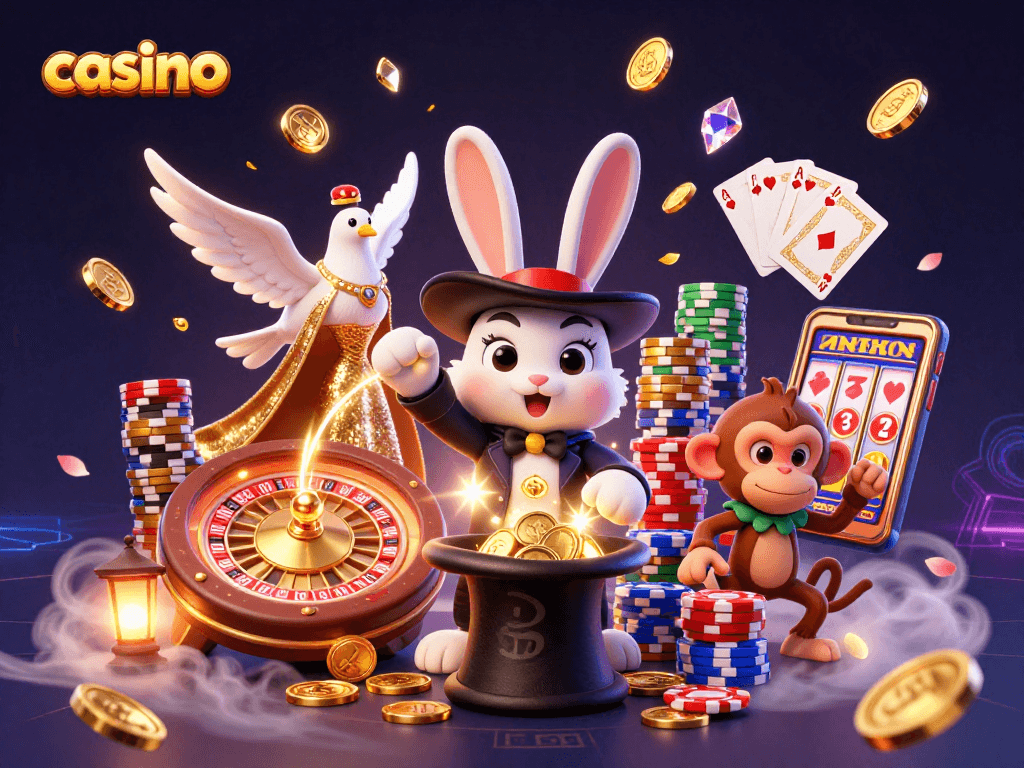 Engaging casino scene with a magician rabbit pulling coins, dove, and monkey amidst immersive game elements.