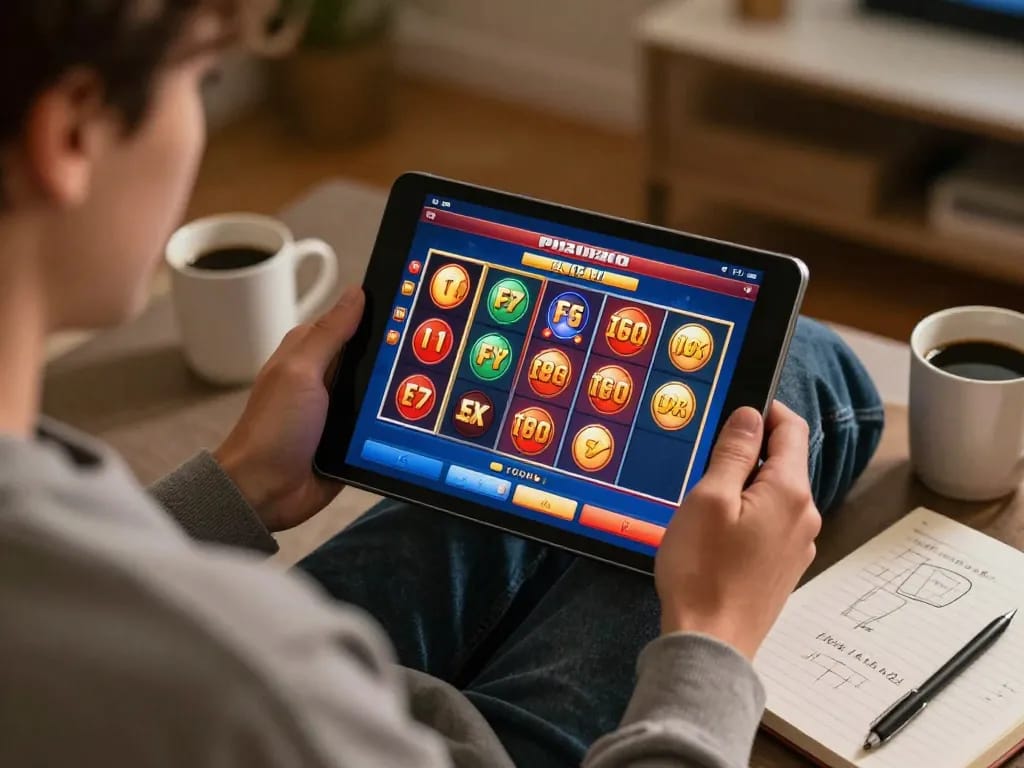 Engaging in khuyến mãi Jun88 while playing jackpot slots on a tablet at home.