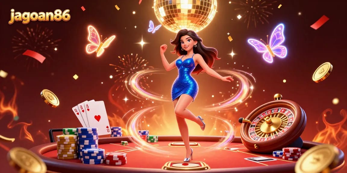 Experience thrilling moments with jagoan86 at a vibrant casino scene featuring lively game elements.