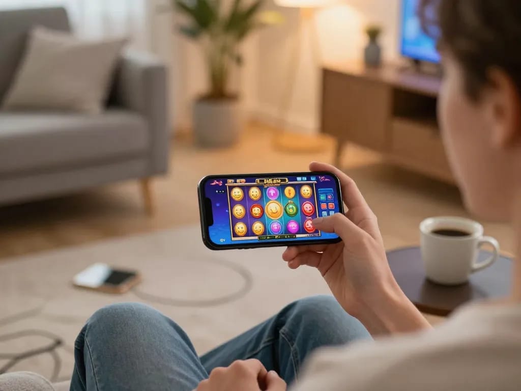 Player enjoying TR88 mobile casino gaming at home with smartphone showing vibrant slot game
