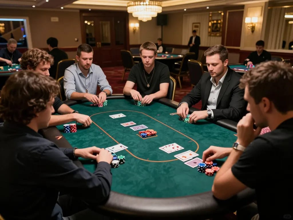 98win players engaged in a high-stakes poker game with colorful chips and cards visible