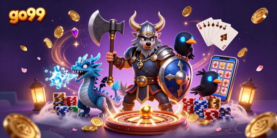 Experience exciting gameplay at go99 with a Viking warrior and dragon amidst thrilling casino elements.