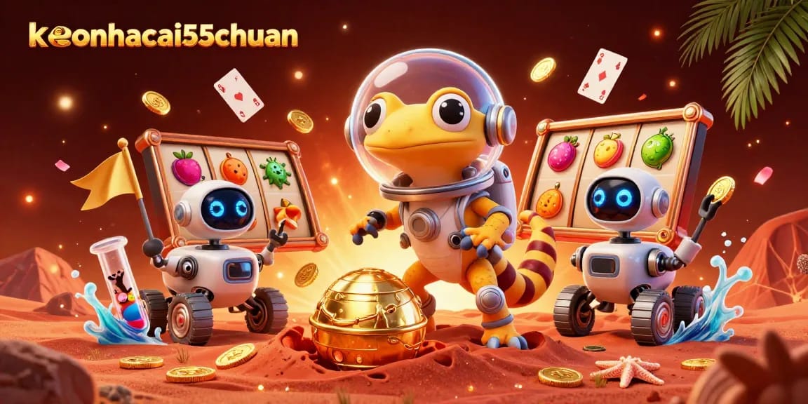 Experience keonhacai55chuan with vibrant slot reels and golden jackpots amidst a Martian landscape.