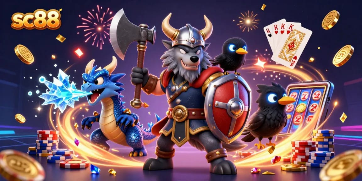 Enhance your sc88 gaming experience with a dynamic Viking scene featuring epic characters and thrilling casino elements.