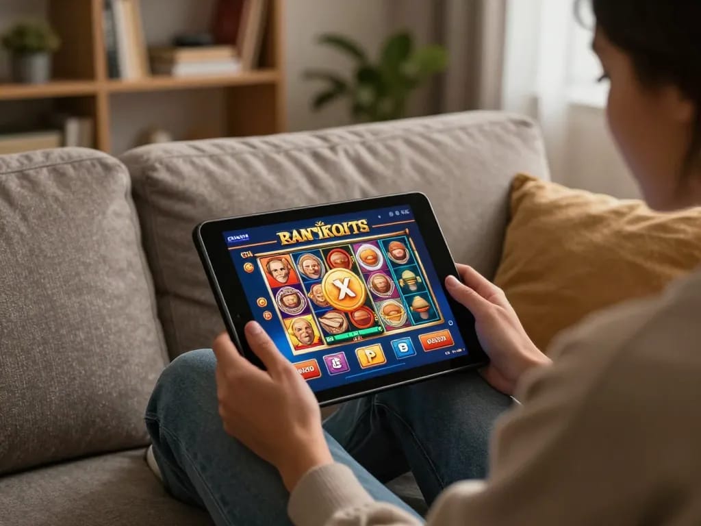 Player enjoying 678vip slot games on tablet in cozy living room atmosphere