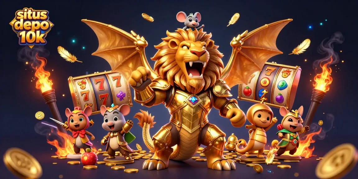 Experience the excitement of situs depo 10k with dynamic slots, golden coins, and a roaring chimera in a vibrant 3D scene.