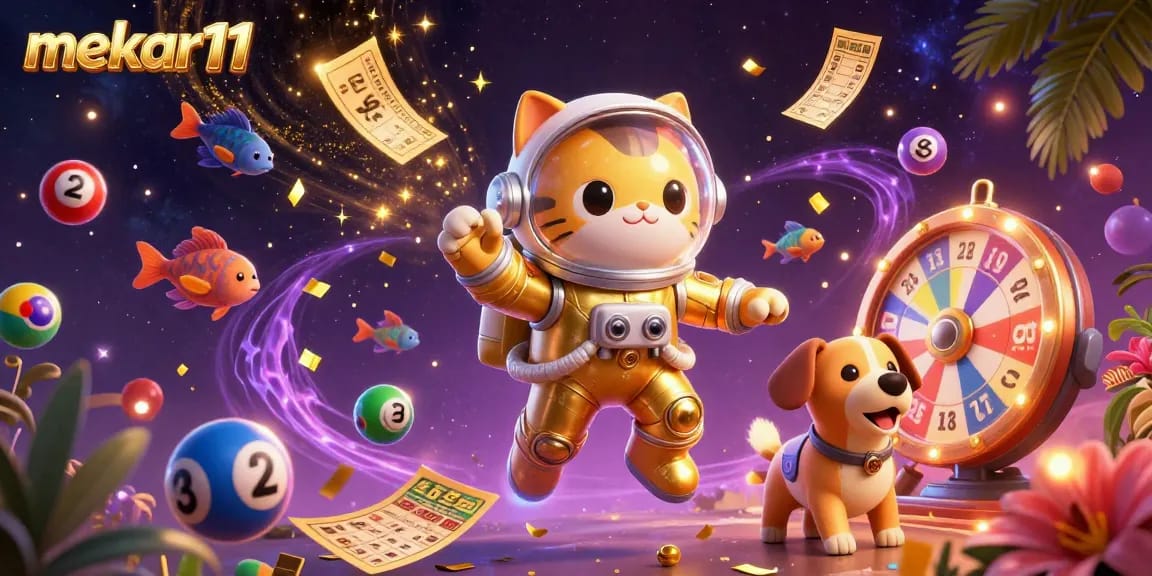 Engage with mekar11's vibrant 3D gaming scene featuring a golden space cat and exciting lottery elements.