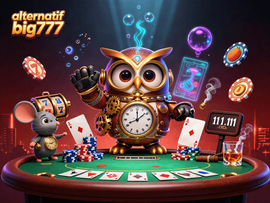 Engage in the vibrant scene featuring alternatif big777 with animated characters, poker tables, and casino elements.