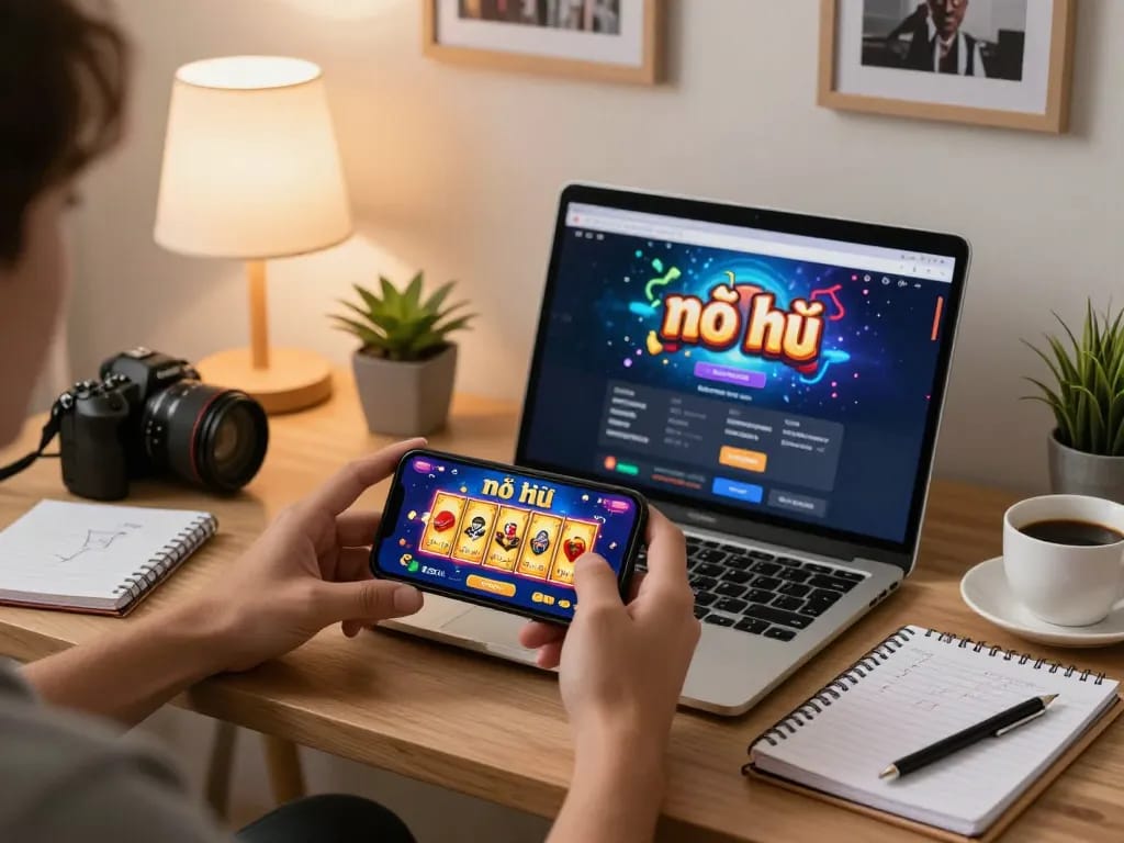 Engaging in nổ hũ đổi thưởng on a mobile device in a cozy home environment, showcasing strategy notes.