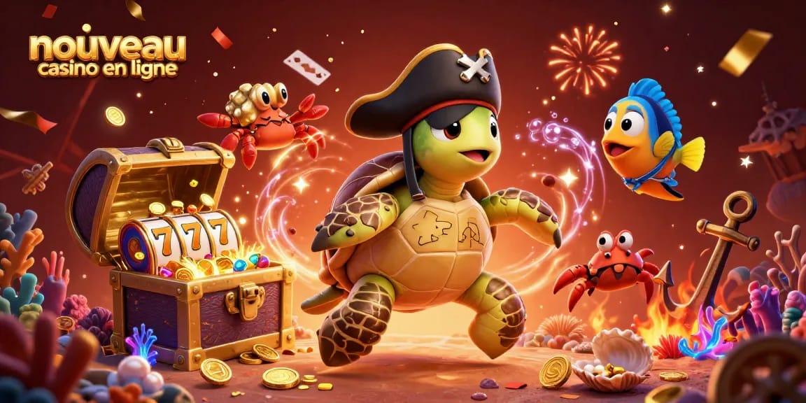 Jouez au nouveau casino en ligne avec une illustration dynamique de personnages de mer en fête entourés de trésors.