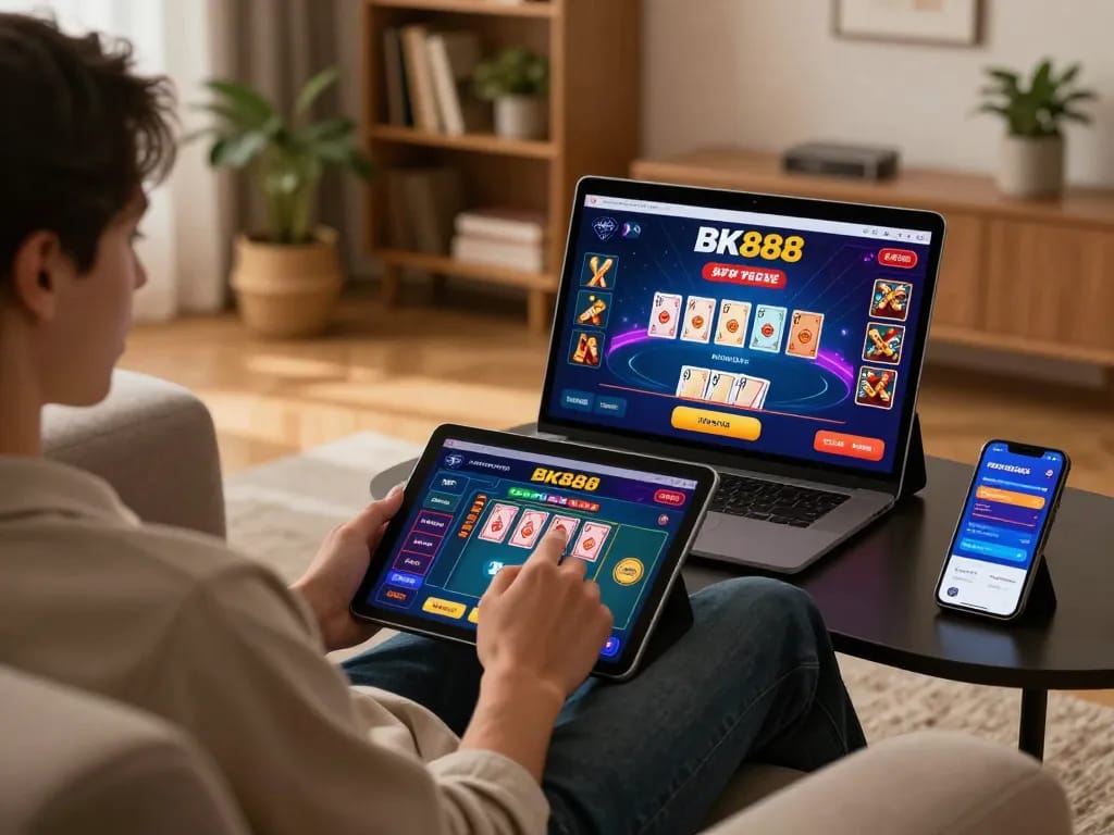 Engaging with BK888 casino gaming app on a tablet at home, showcasing live dealer game and cozy atmosphere.