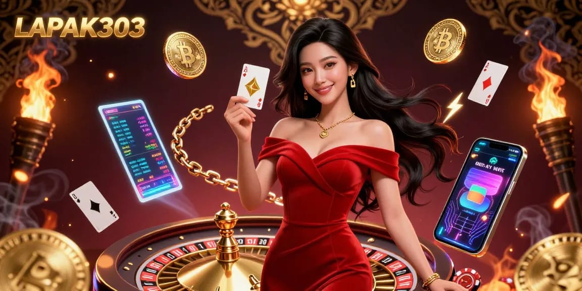 LAPAK303 offers an immersive gaming experience with a glamorous woman interacting with casino elements and digital currency.