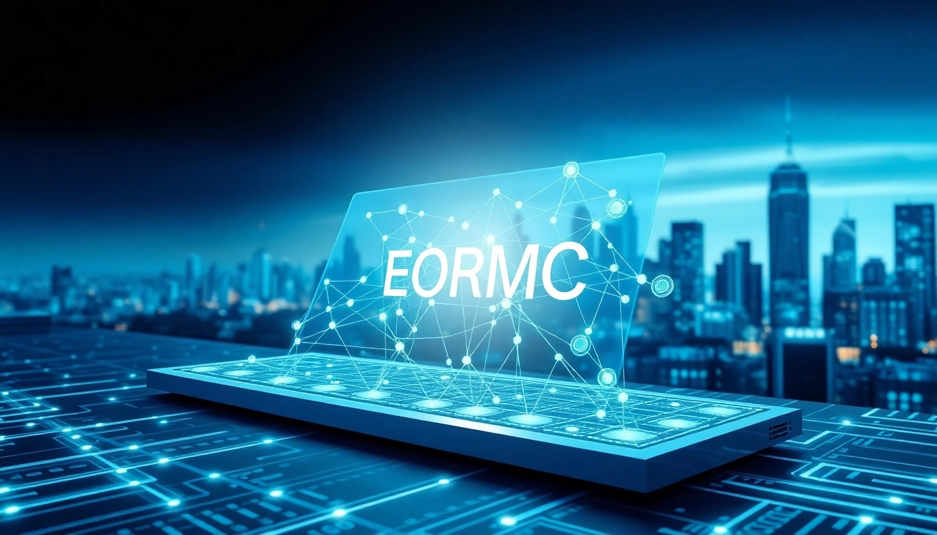 EORMC blockchain interface featuring interconnected nodes and advanced AI technology.