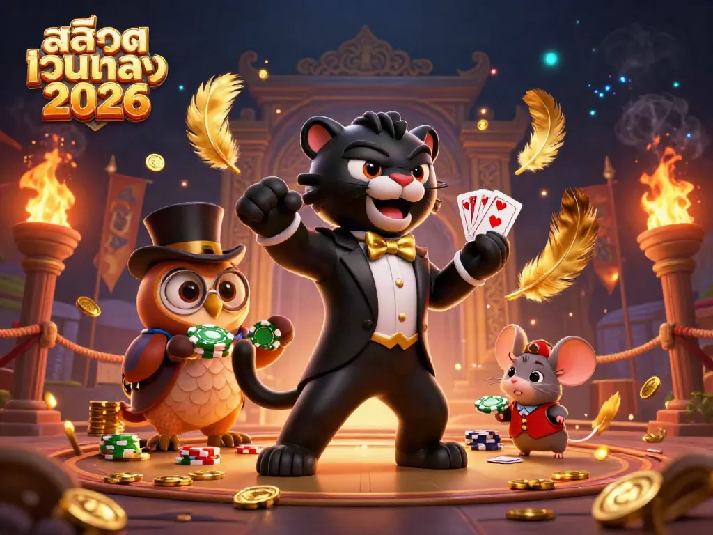 Experience the thrill of สล็อตเว็บตรง 2026 with a stylish black panther dealer and friends in a dynamic casino scene.