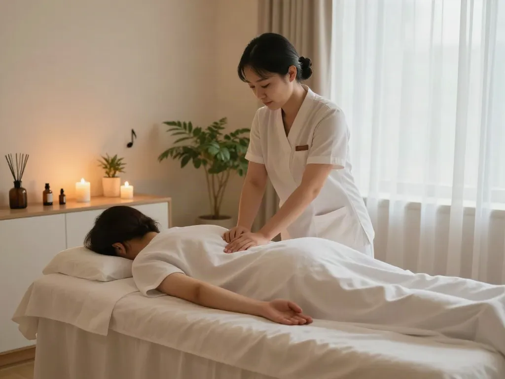 A soothing environment featuring a professional administering a 분당출장마사지 in a tranquil home spa.