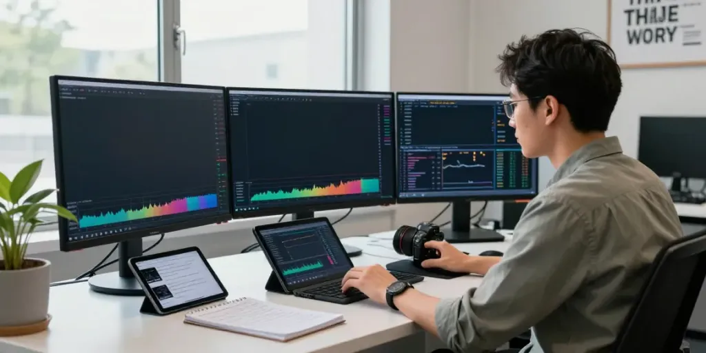 Trader using TradingView in a modern workspace with advanced charts and market data.
