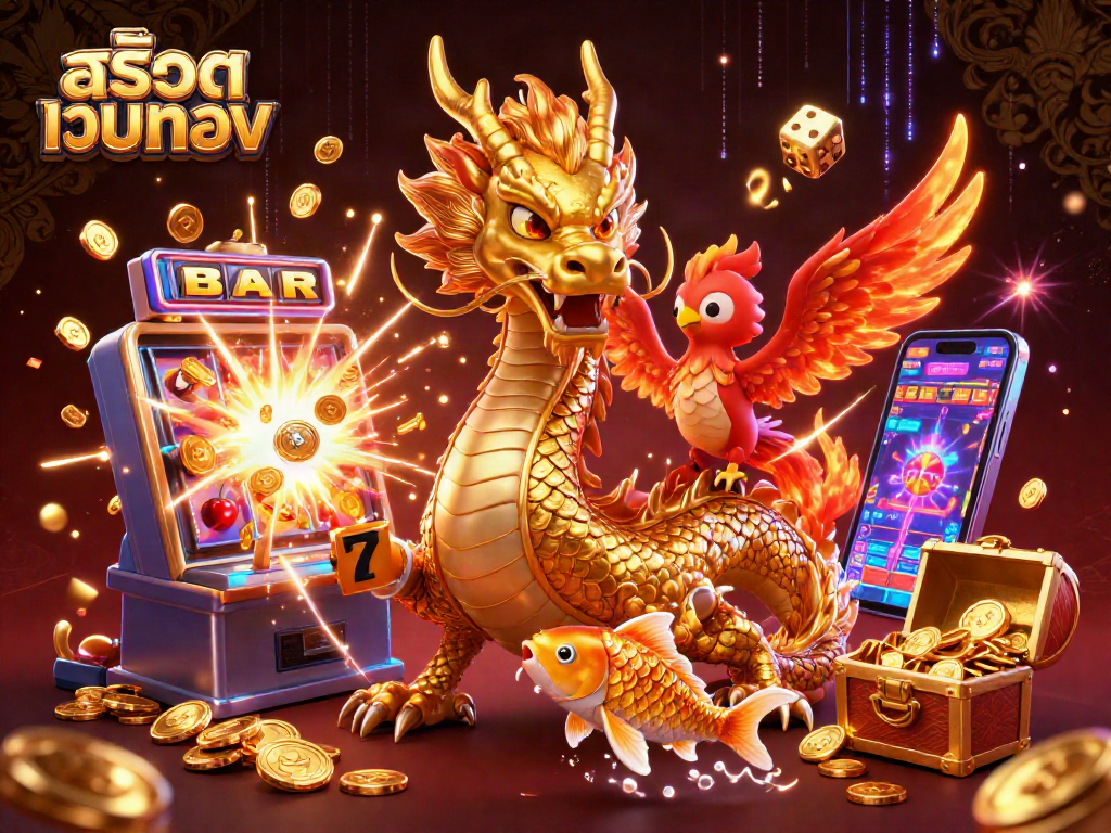 Experience สล็อตเว็บตรง with a fierce dragon and vibrant casino elements in this detailed 3D illustration.