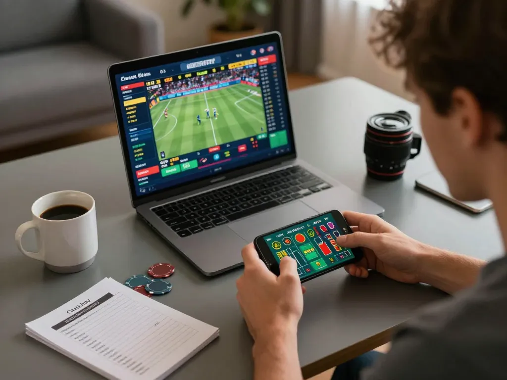 Player engaging in ax88 bet for live sports betting action from modern home office with smartphone and strategy notes.