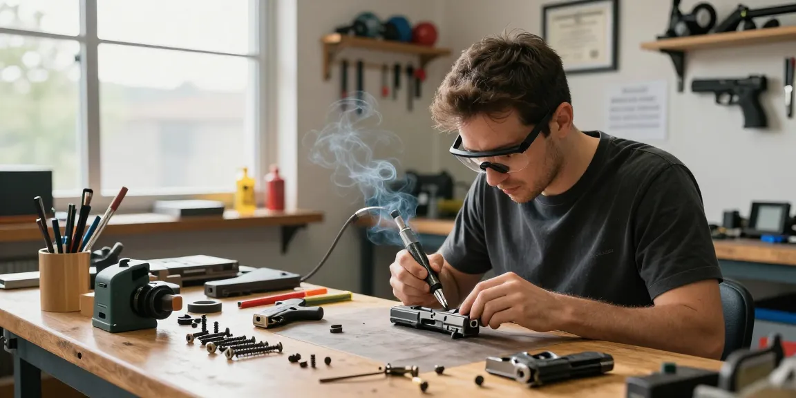 Custom gunsmith working on Glock slides at https://precisionglockslides.com in a bright workshop.