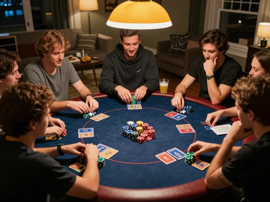 Engaged players enjoying a home poker night while learning strategies for 888new bet games.