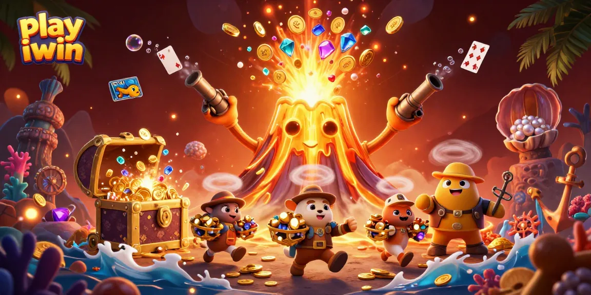 Play iwin with a vibrant 3D cartoon scene showcasing a golden volcano and treasure-filled adventure.