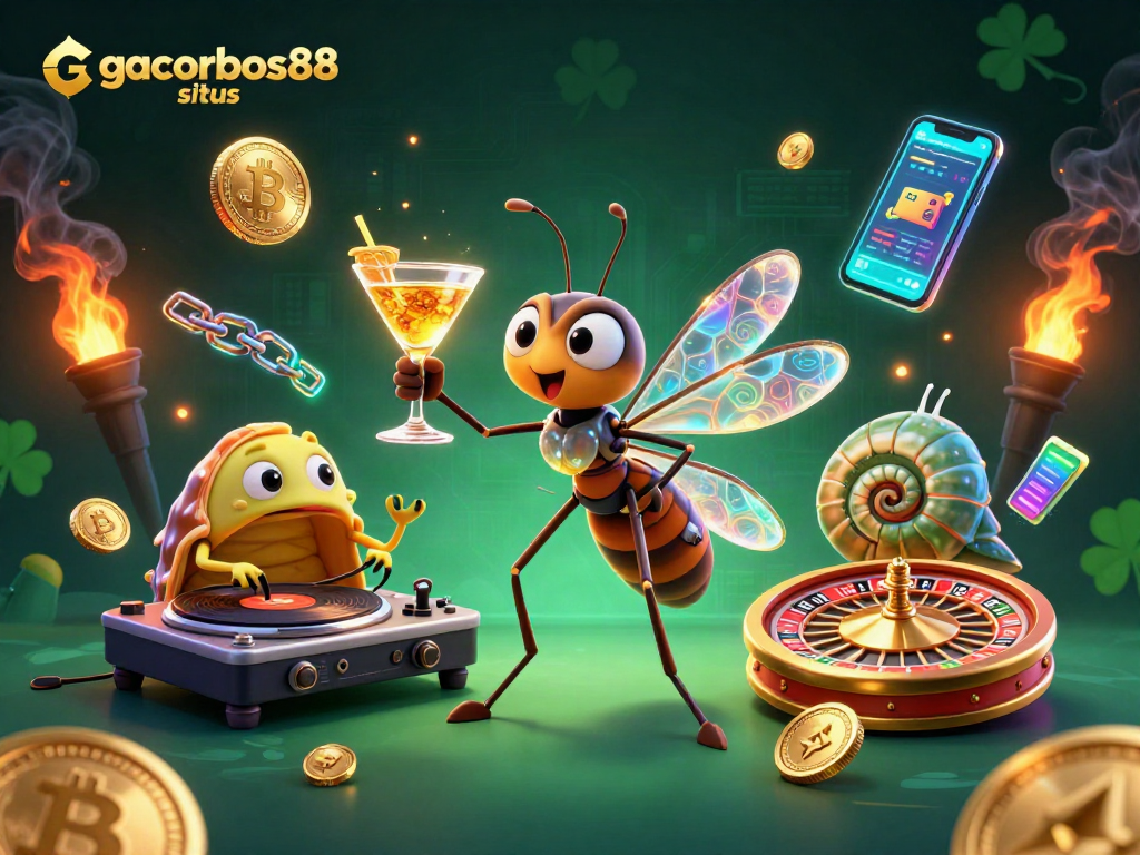 Engage with gacorbos88 situs in a vibrant casino scene featuring a unique frozen mosquito mascot and dynamic elements.