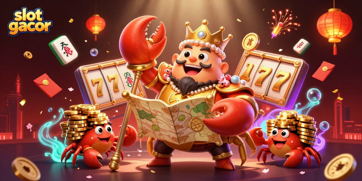 Engage with slot gacor adventures in this 3D illustration, showcasing a golden crab emperor amidst vibrant casino elements.