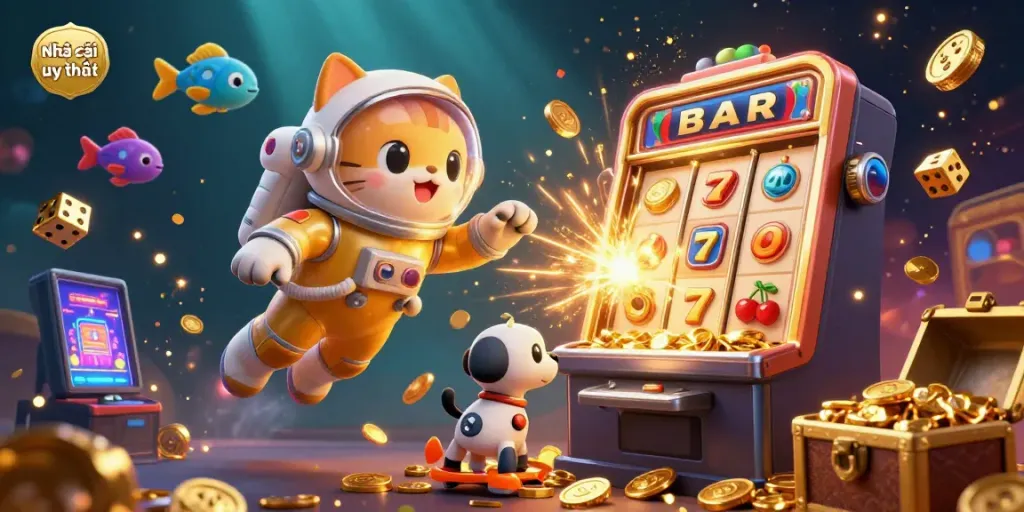Engage with Nhà cái uy tín featuring a vibrant scene of a space astronaut cat and robot dog amidst a casino jackpot explosion.